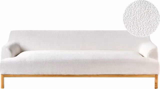 Divano a 3 posti in tessuto bouclè bianco con gambe in legno stile elegante soggiorno
