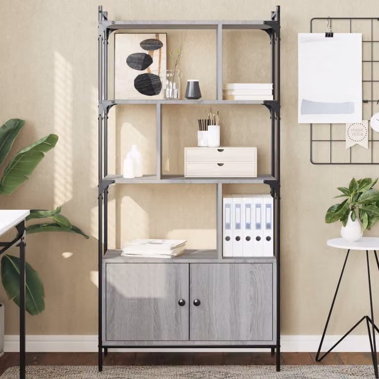 Libreria con Ante vidaXL in Legno Multistrato e Metallo, Grigio, L: 76,5 cm, P: 15,0 cm, H: 154,5 cm