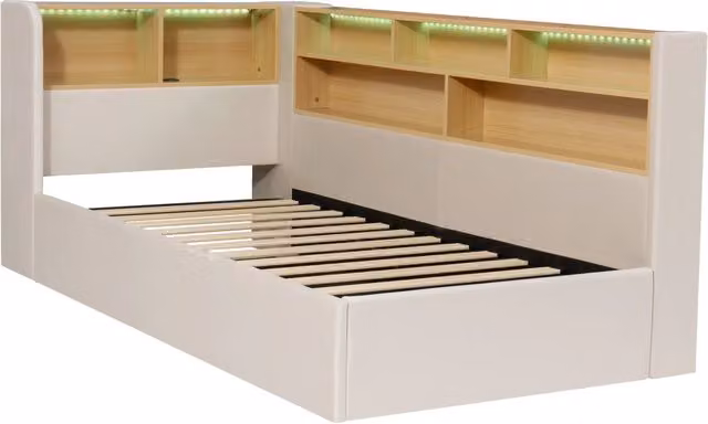 Letto giorno 90x200 cm in velluto beige con contenitore idraulico, LED, USB e schienale integrato