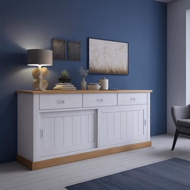 Madia Malonno DMORA con 3 cassetti, design moderno, Bianco e Rovere, L: 220 cm, P: 50 cm, H: 95 cm – 1