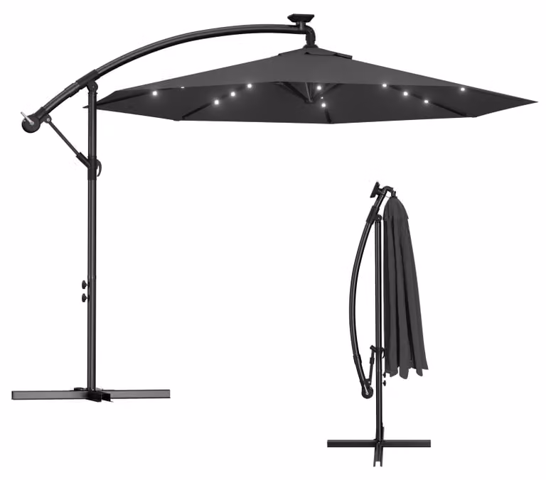 Ombrellone da giardino in alluminio QEENTOE, diametro 300 cm, con manovella, altezza regolabile, protezione UV 40+, illuminazione LED integrata, colore grigio scuro