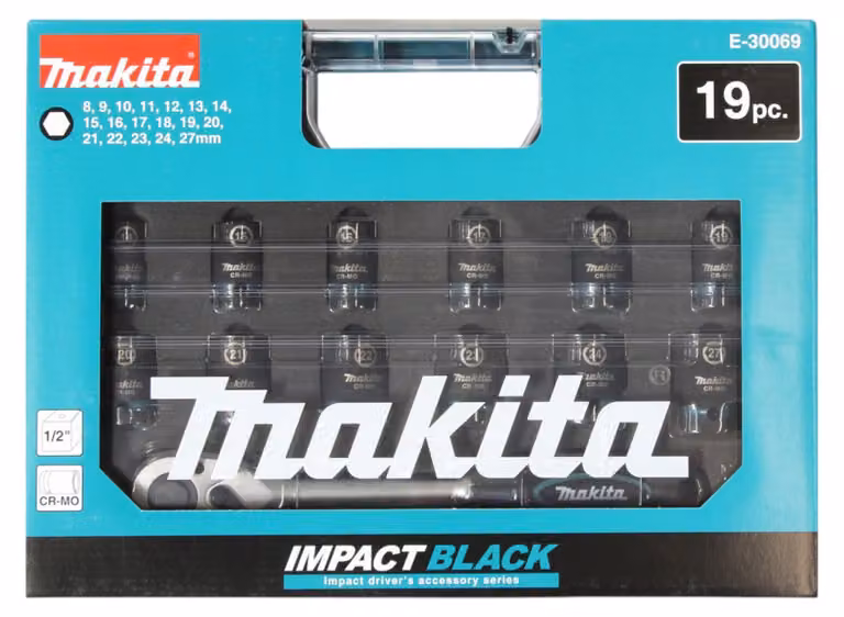 Set di bussole ad impatto Makita E-30069, colore nero, con cricchetto