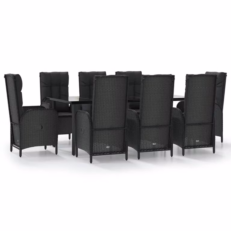 Set da Pranzo da Giardino 9 pz con Cuscini Nero in Polyrattan