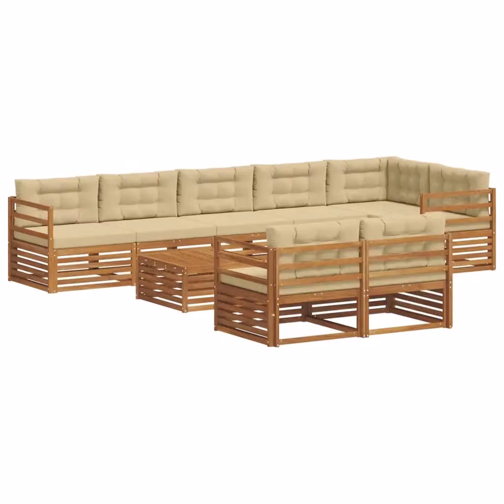 Set di divani da esterno vidaXL a forma di L composto da 9 pezzi con tavolino da caffè, in legno di acacia trattato e tessuto beige e marrone – 2