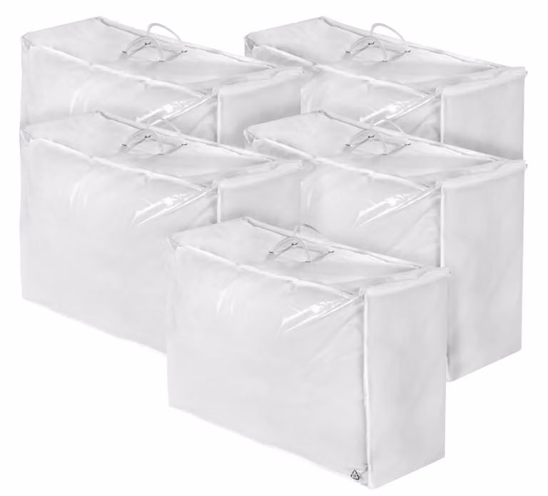 Set di 5 sacchi portaoggetti, 58 x 40 x 25 cm, ideali per cuscini e piumoni, con cerniera su 3 lati, bianco, sleepling