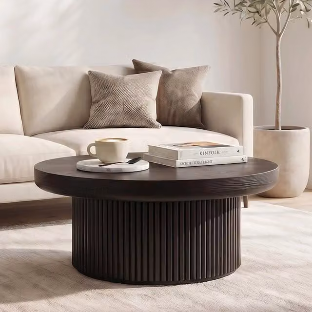 Desviae Tavolino basso rotondo con piano a parquet in legno, base cilindrica scanalata, piano spesso, nero per soggiorno
