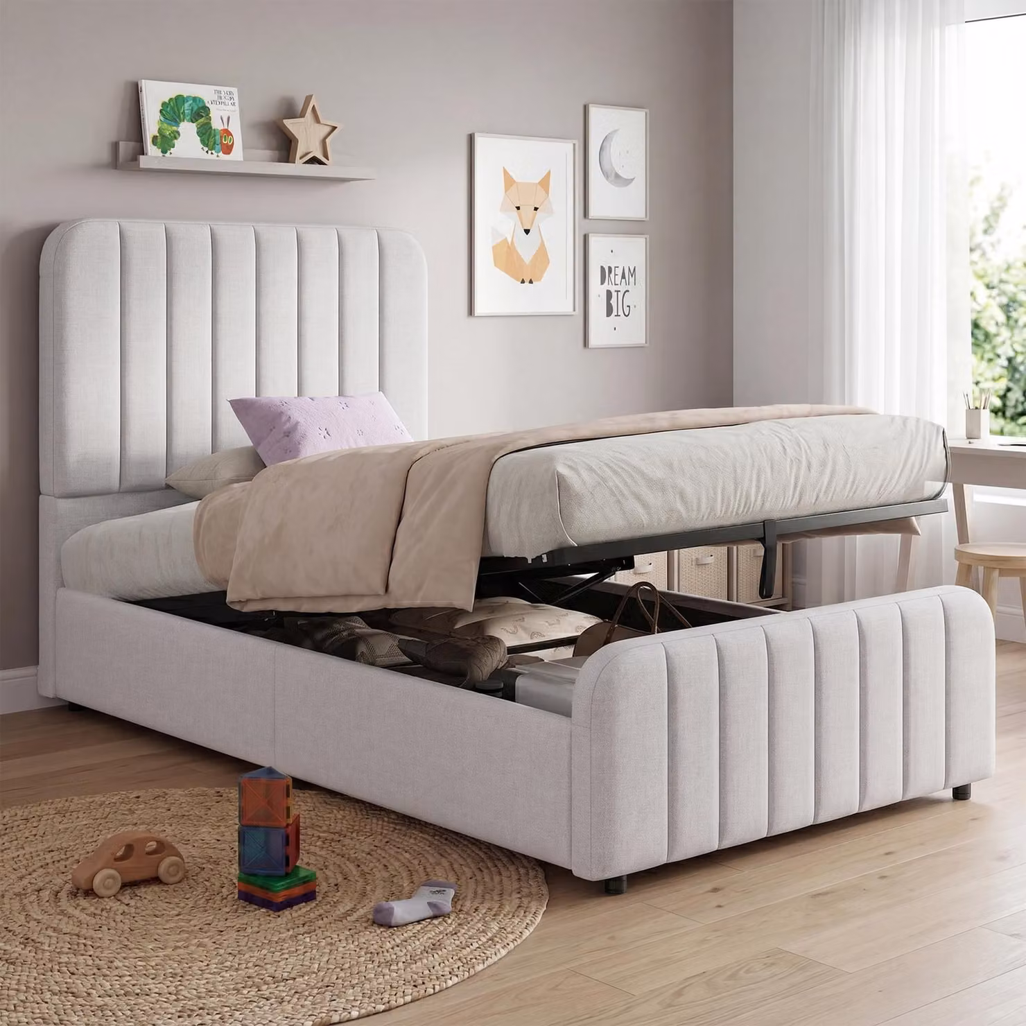 Letto imbottito 90 x 200 cm con spazio contenitore a sollevamento idraulico e rete a doghe, testiera imbottita, rivestito in lino, angoli arrotondati, colore grigio