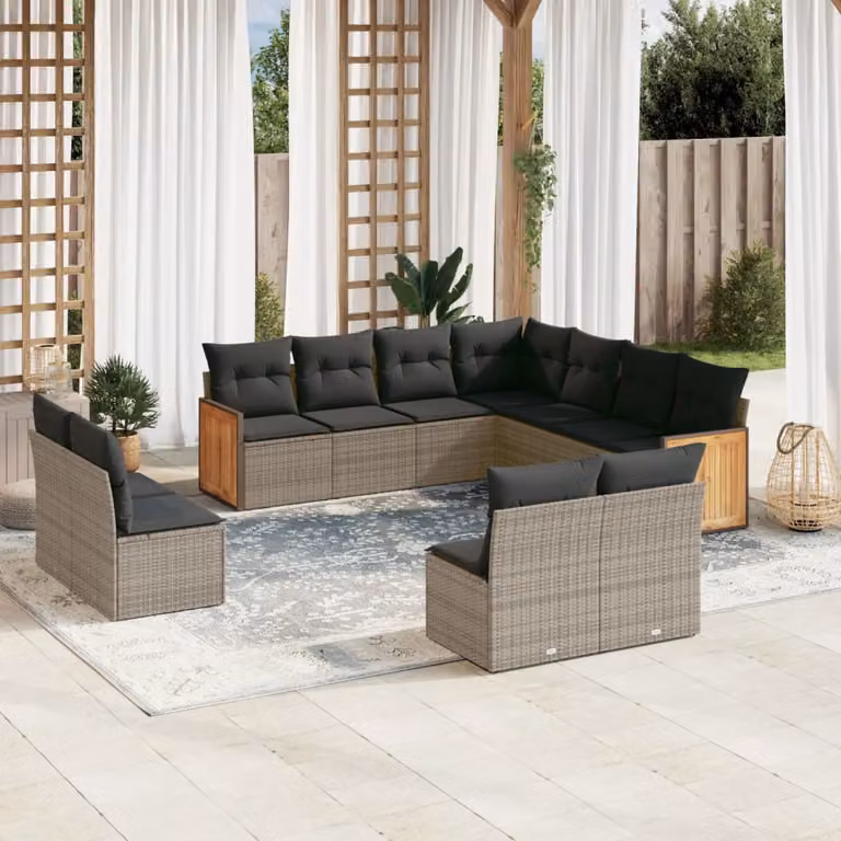 vidaXL Set Divani da Giardino 11 pz in Polyrattan Grigio con Cuscini e Struttura in Legno di Acacia