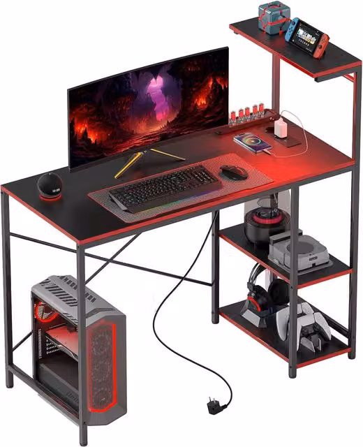 Scrivania Gaming Xylo con LED e Prese, Finitura Fibra di Carbonio Nero e Rosso, L: 110 cm, P: 50 cm – 1