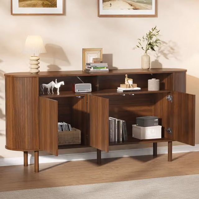 Credenza moderna 160x40x78;5 cm con 3 ante a onde; vani aperti e gambe in legno massello; color noce