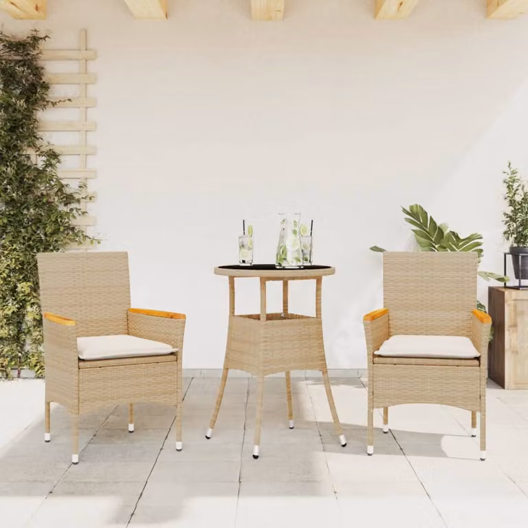 Set da pranzo da giardino vidaXL in legno di acacia oliato con tavolo in vetro e 3 sedie in polyrattan con cuscini beige e bianchi