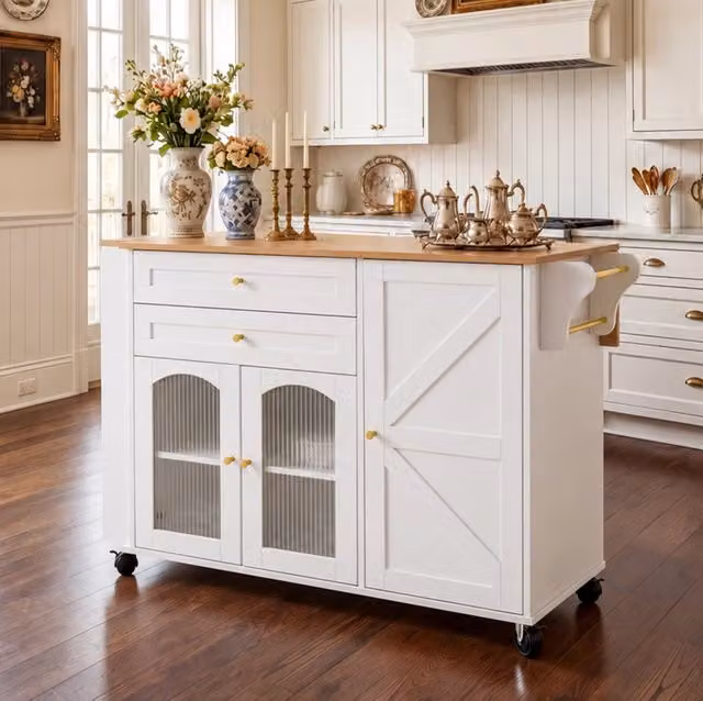 Isola da cucina mobile 110 cm con piano pieghevole; cassetti; ante in vetro e ruote; bianca