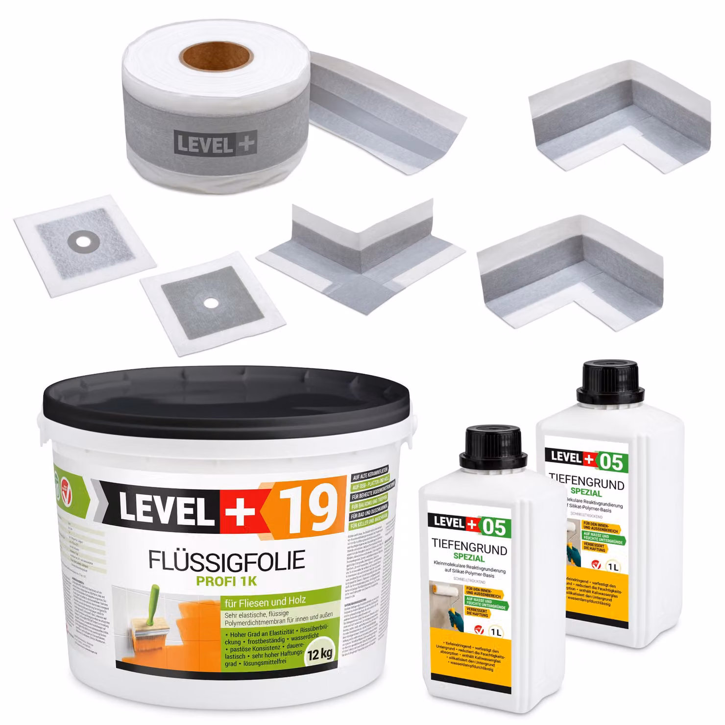 Kit impermeabilizzante Membrana liquida 12 kg Nastro 15 m Primer 2 L Manicotti Angoli Bagno LEVEL+ SET522