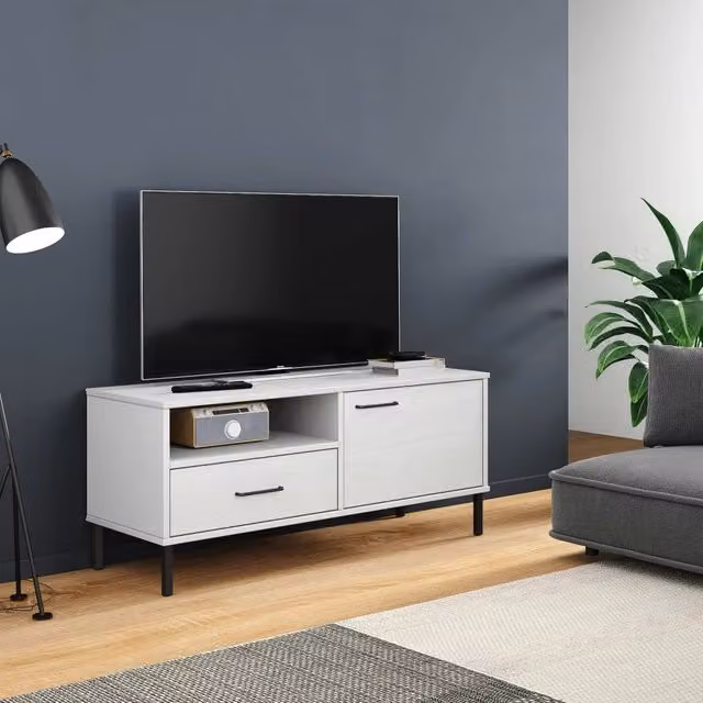 Mobile TV vidaXL OSLO in legno massello di pino e metallo, colore bianco, stile rustico, L: 106,0 cm, P: 40,0 cm, H: 46,5 cm – 1