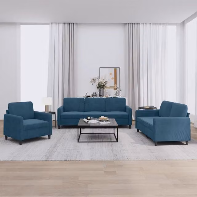 Set di divani 3 pezzi vidaXL in velluto blu con braccioli e cuscini per soggiorno