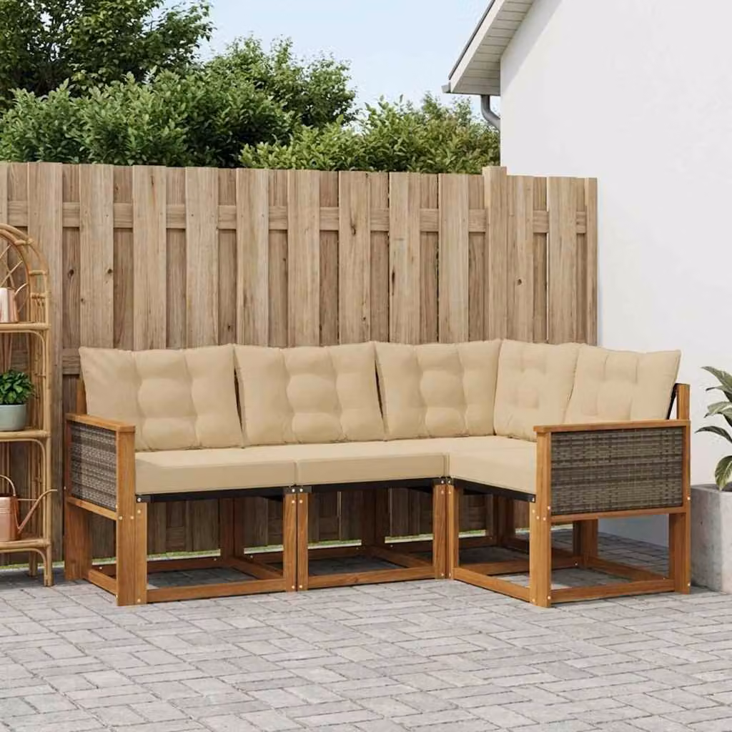 Set di divani da esterno vidaXL a forma di L composto da 4 pezzi in legno di acacia e tessuto textilene, colore beige e sabbia