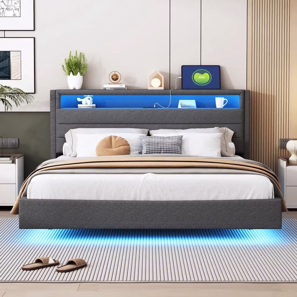 Letto matrimoniale imbottito Chicfurn grigio con vano contenitore, porte USB e illuminazione LED, L/P: 160 x 200 cm – 2