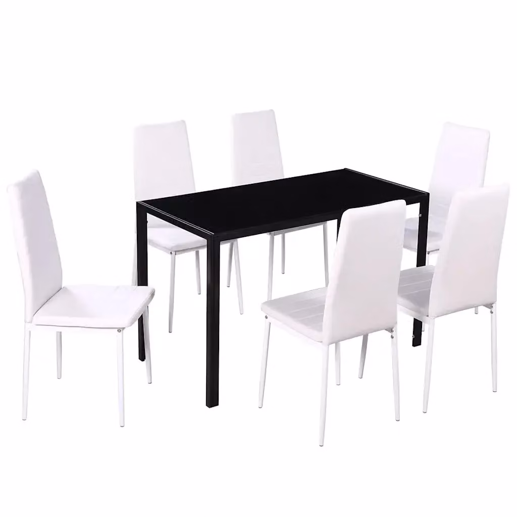 Set da pranzo moderno vidaXL composto da tavolo rettangolare in vetro e 7 sedie in bianco e nero – 2