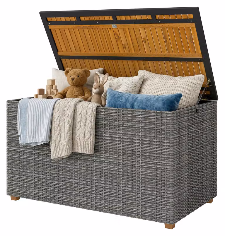 Outsunny Gartenbox 450 L in polyrattan impermeabile, contenitore per cuscini con coperchio in legno
