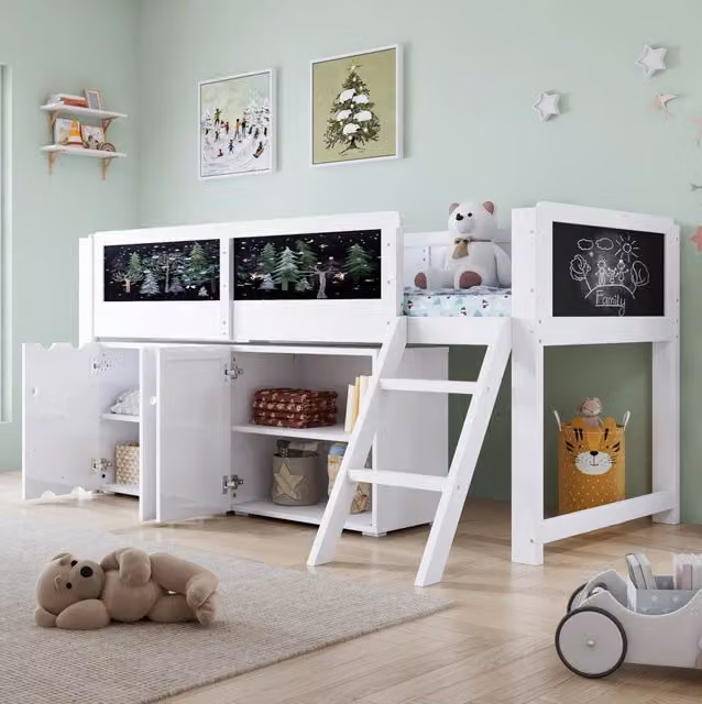 Letto a soppalco per bambini 90x200 cm con armadio a 2 ante; lavagna e scala inclinata