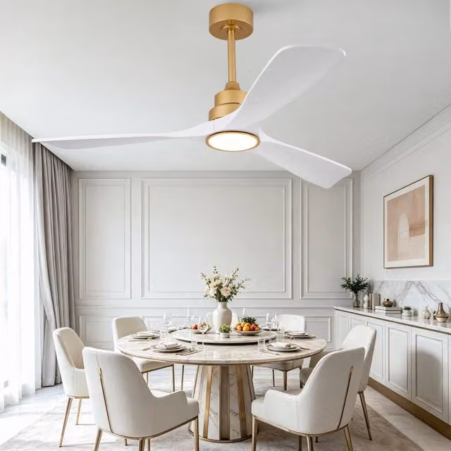 Ventilatore da soffitto MODFU con luce LED dimmerabile, telecomando e pale in legno oro e bianco
