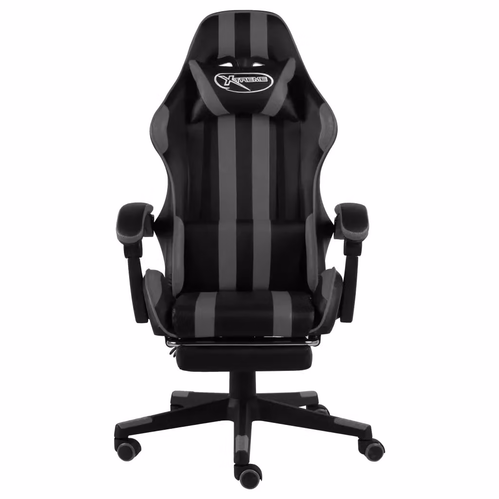Sedia da Gaming e Ufficio con Poggiapiedi e Schienale, Rivestimento in Similpelle Nero e Grigio, Ruote e Seduta Ruotabile a 360 Gradi – 2