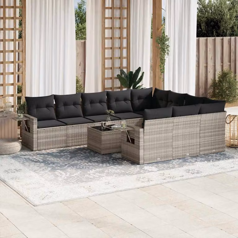 vidaXL Set Divani da Giardino 11 pz a Forma a L in Polyrattan Grigio con Cuscini e Tavolino da Esterno