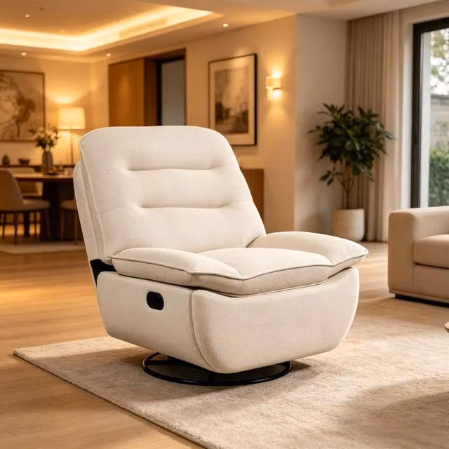 Poltrona relax girevole OKWISH con poggiapiedi e funzione dondolo in tessuto effetto lino beige L: 95 cm, P: 49,5 cm, H: 106 cm