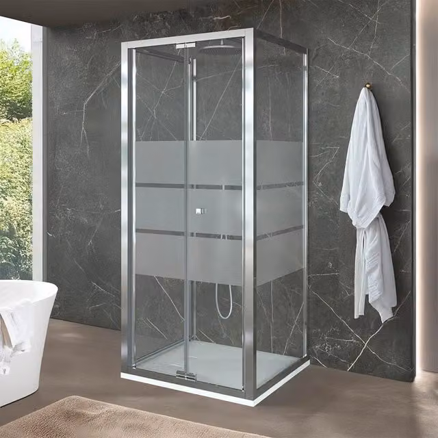 Box doccia angolare INBAGNO con vetro serigrafato bianco e trasparente, doppia porta scorrevole e soffietto, L/P/H: 90 x 90 x 200 cm