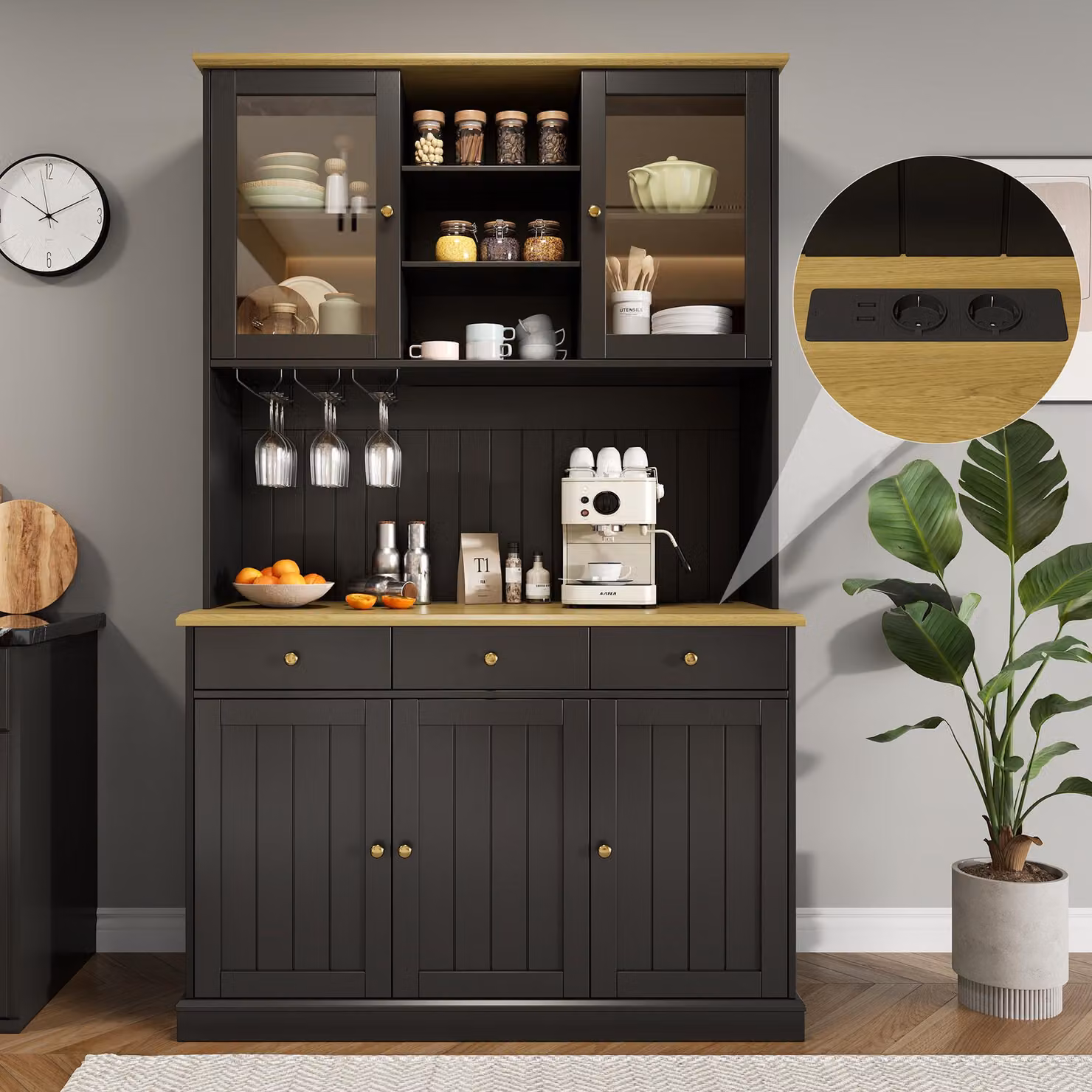 Flieks mobili alti da cucina con usb, mobile da cucina a buffet con ante in vetro e supporto in vetro, buffet da cucina 120x40x191cm, nero