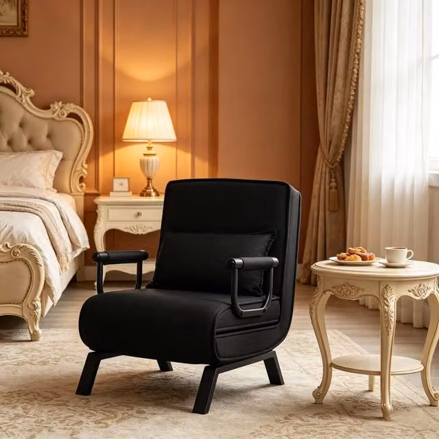 Sedia letto convertibile 3 in 1 WISHDOR reclinabile con schienale regolabile e braccioli, struttura in metallo e rivestimento in tessuto nero