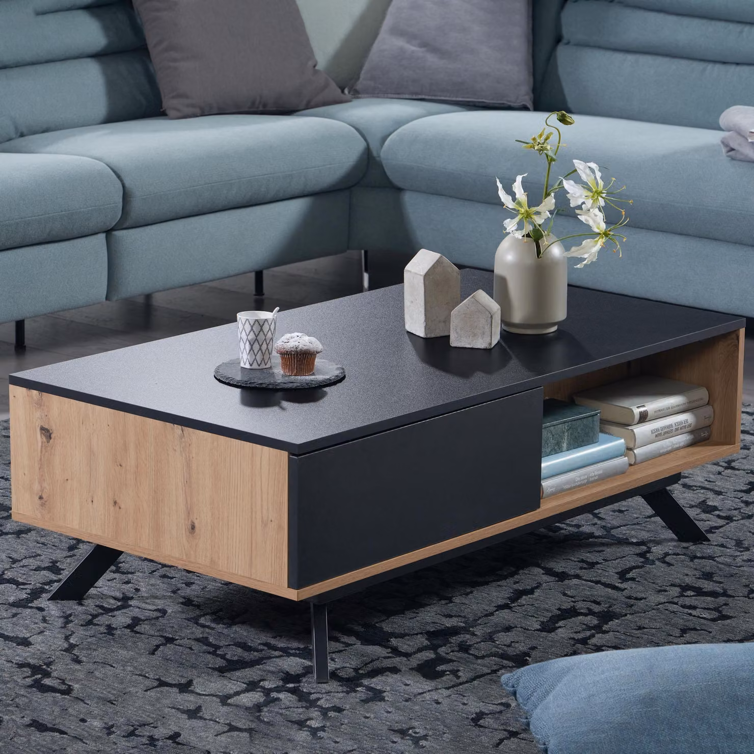 FineBuy Tavolino da salotto 110x60x38 cm in MDF con finitura rovere / nero Tavolino da salotto Tavolino da divano Rettangolare con vano portaoggetti Tavolino da caffè con cassetti Tavolino