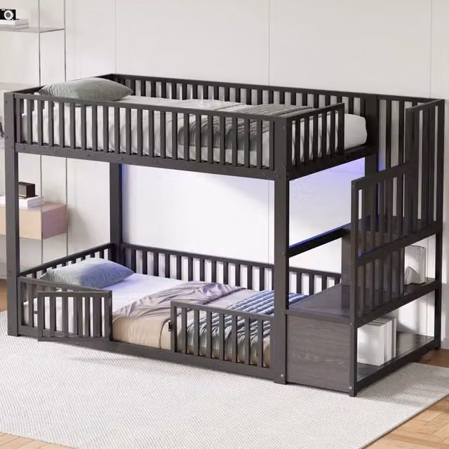 Letto a castello basso per bambini con illuminazione LED, scala con contenitore e protezioni, in metallo e MDF, colore nero, 90 x 200 cm – 1