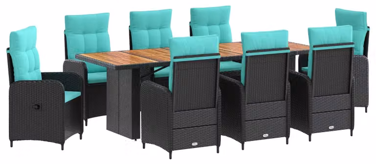 Set da tavolo da esterno, 9 pezzi, in rattan sintetico nero e turchese