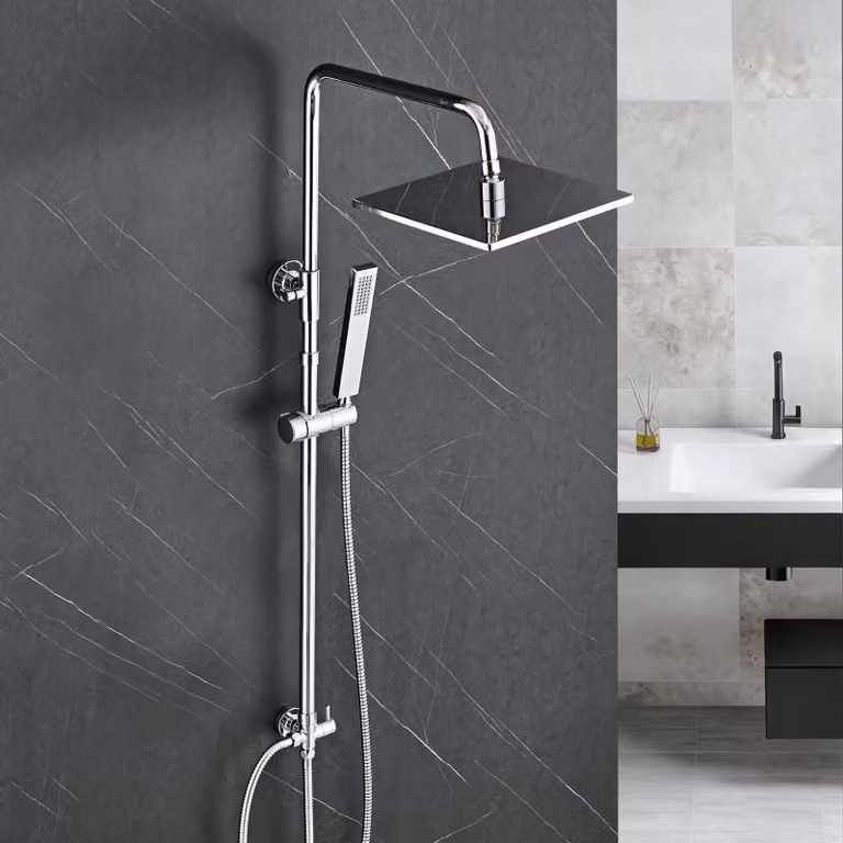 Sistema doccia a pioggia JOHO in acciaio inox senza rubinetteria, asta doccia regolabile in altezza 74-114 cm, doccetta in acciaio inox, soffione 20x20 cm cromato