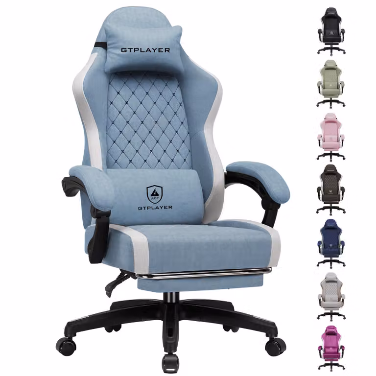 Sedia da gaming GTPLAYER: sedia ergonomica per PC in tessuto traspirante, sedia da scrivania girevole, ampia e alta, con poggiapiedi, azzurra