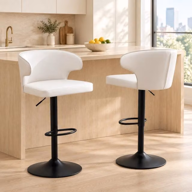 Set 2 sgabelli da bar regolabili e girevoli 360° in PU bianco con schienale HAVRYA