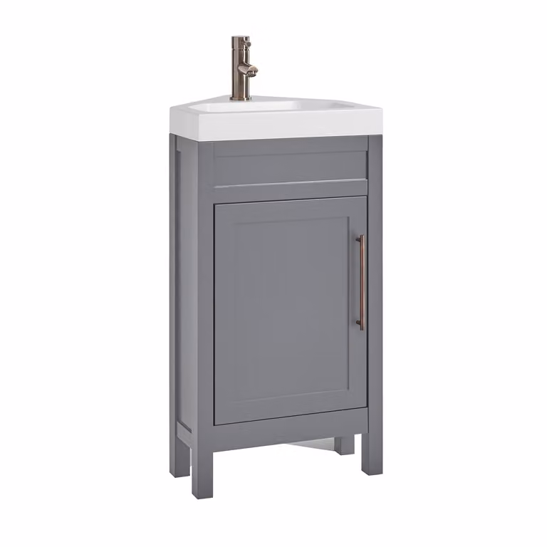 Mobile Bagno Angolare Grigio Chiaro da 450mm con Lavabo e Maniglia Moderna con Barra a T in Bronzo Spazzolato - Warwick