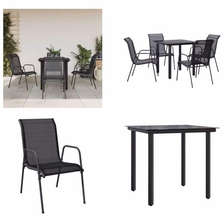 vidaXL Set da pranzo da giardino 5 pezzi in acciaio nero e textilene - set da pranzo da giardino - set di sedute da giardino - set di sedute da esterno - tavolo da giardino