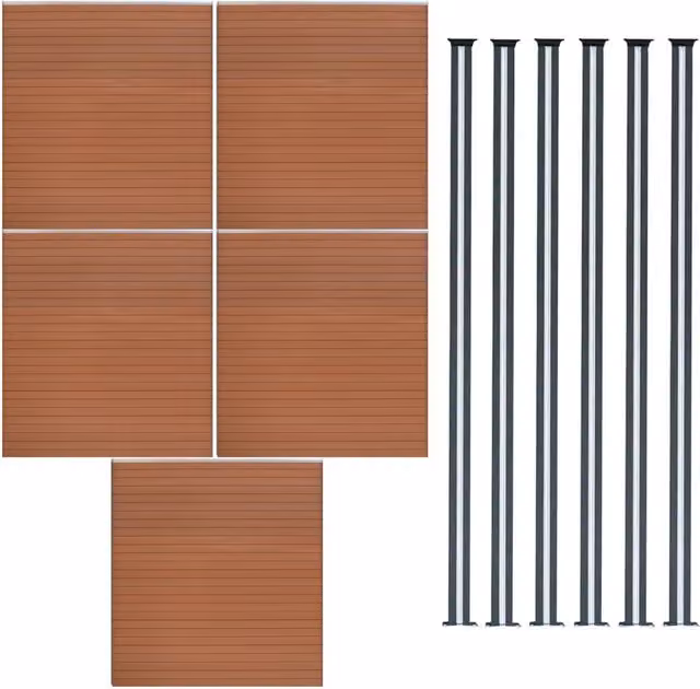 Set di 5 Pannelli per Recinzione in PVC e Alluminio con 6 Pali e LED, Colore Marrone, Altezza: 185 cm