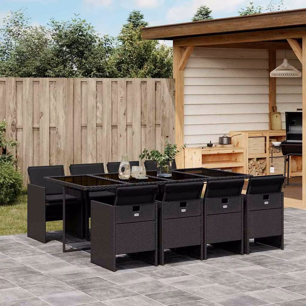 Set da pranzo da giardino vidaXL in polyrattan nero con cuscini e piano in vetro per 9 persone