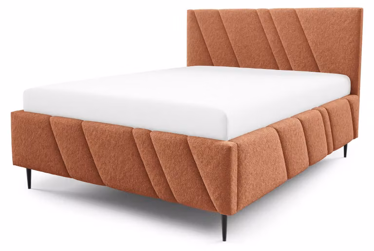 Letto imbottito con contenitore, modello Raiz, finitura rame lucido, dimensioni 140 x 200 cm