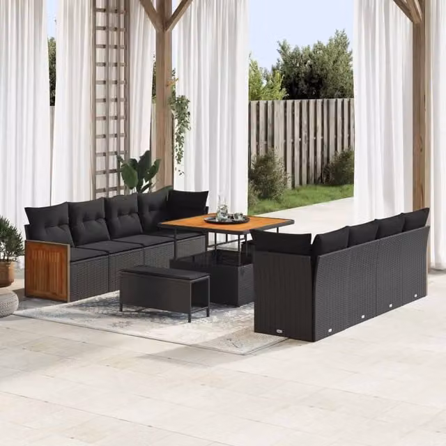 Set Divano da Giardino vidaXL 11 Pezzi Nero con Cuscini e Tavolino da Esterno a Forma di U – 1