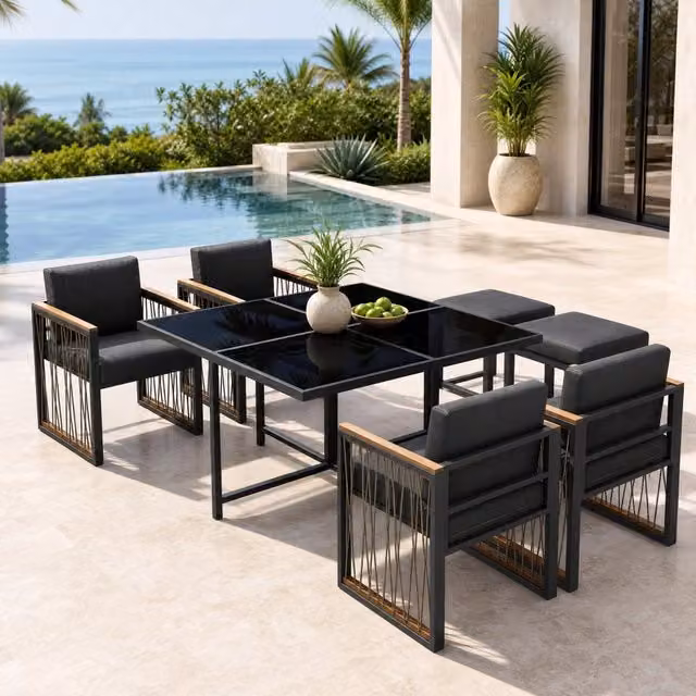 Set da pranzo da esterno 6 posti con tavolo 117x117 cm; vetro temperato nero; nero/naturale