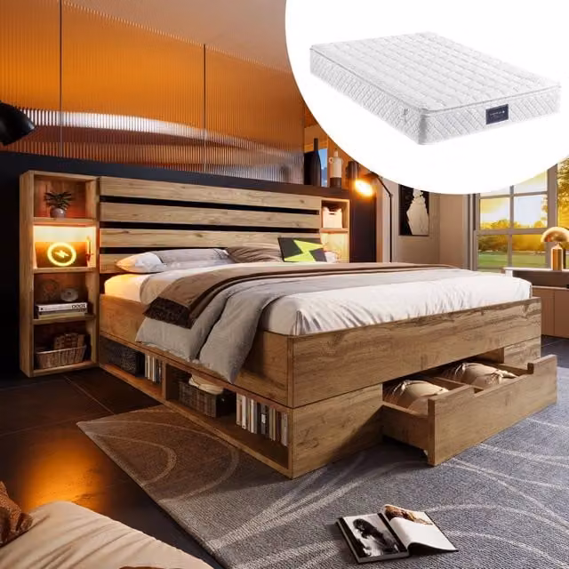 Letto con cassetti 160 × 200 cm con LED USB e Type-C testiera con ripiani struttura in legno e metallo rovere
