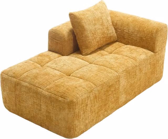 Chaise Longue Moderna con Cuscino e Tasche Laterali in Ciniglia Gialla, L: 158 cm, P: 90 cm, H: 60 cm