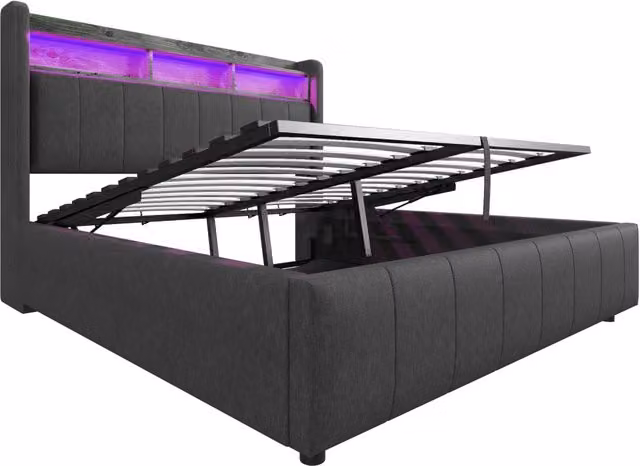 Letto imbottito 160x200 cm con illuminazione LED, prese USB, testiera con ripiani e spazio contenitivo, rivestito in lino grigio, con sollevamento idraulico