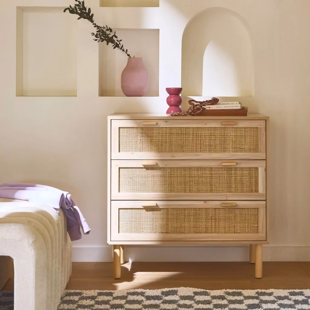 Cassettiera Sweeek in legno e rattan stile boho, marrone e beige, L: 80 cm, P: 40 cm, H: 80 cm – 2