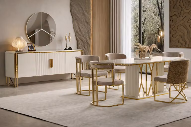 Set di mobili composto da tavolo da pranzo, 4 sedie, consolle e specchio