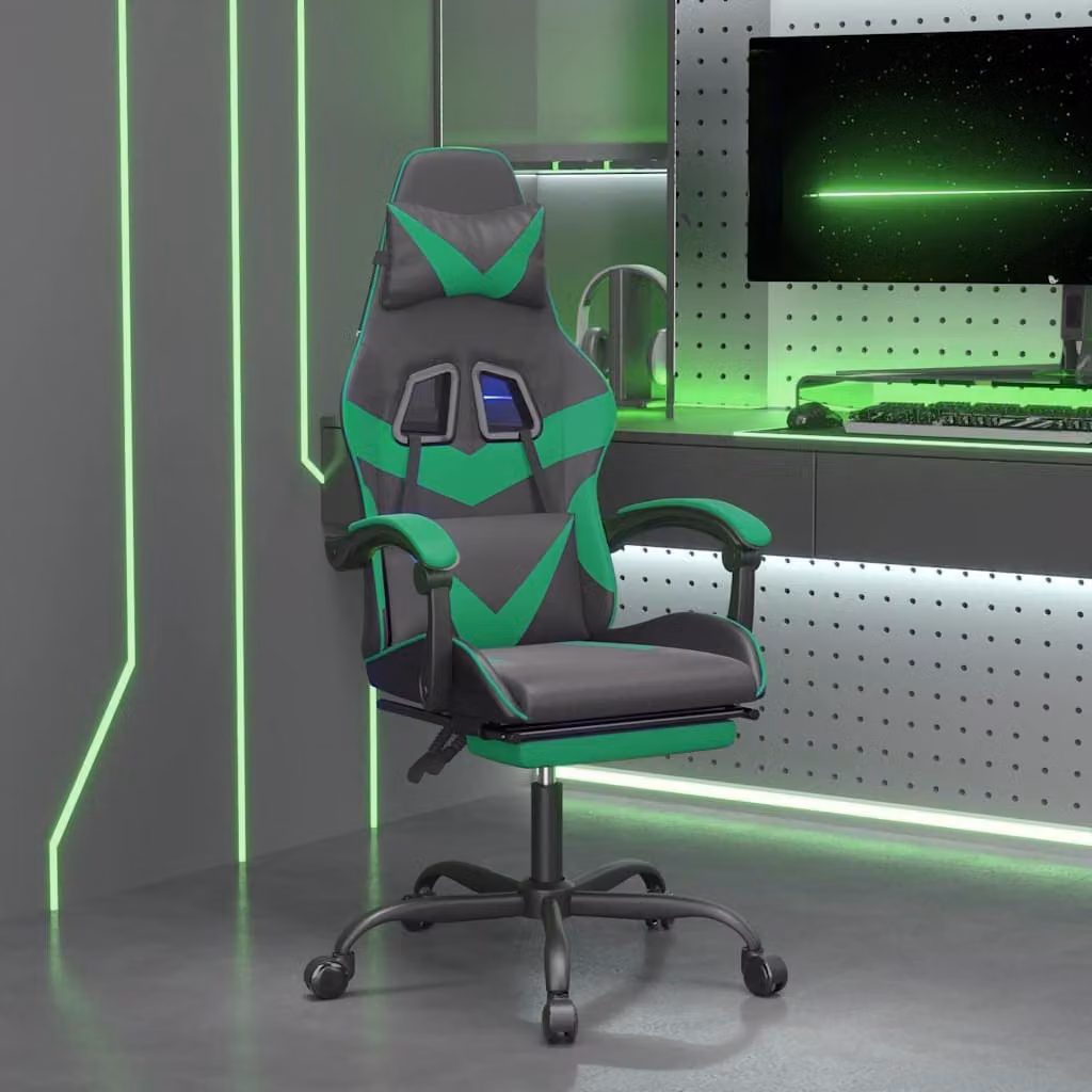 Sedia da Gaming vidaXL in Similpelle Multicolore Nero e Verde con Poggiapiedi e Braccioli
